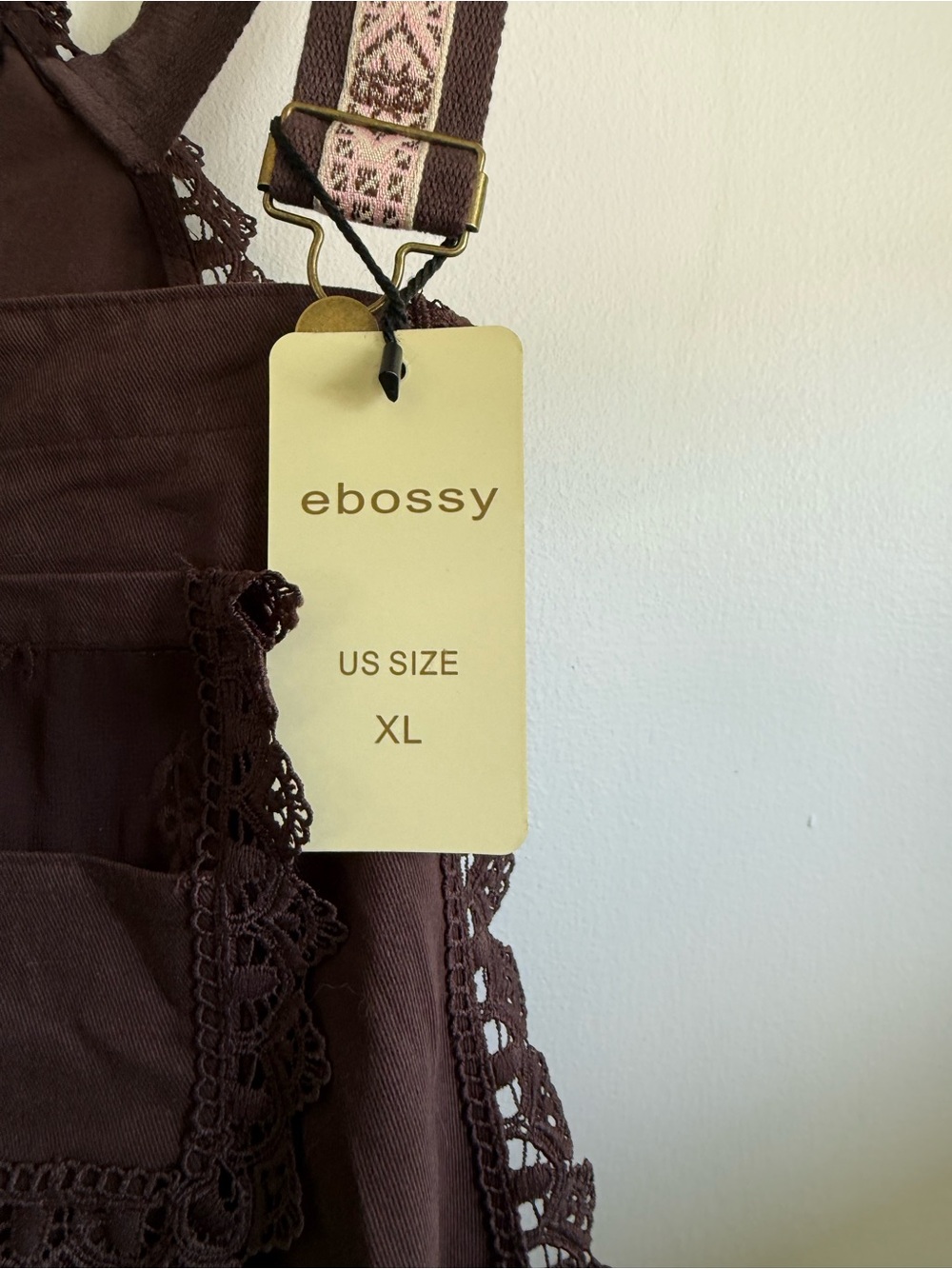 Ebossy Chocolate Brown Maxi Dress with Embroidered Bib, Lace Detail, Size XL - Picture 6 of 9
